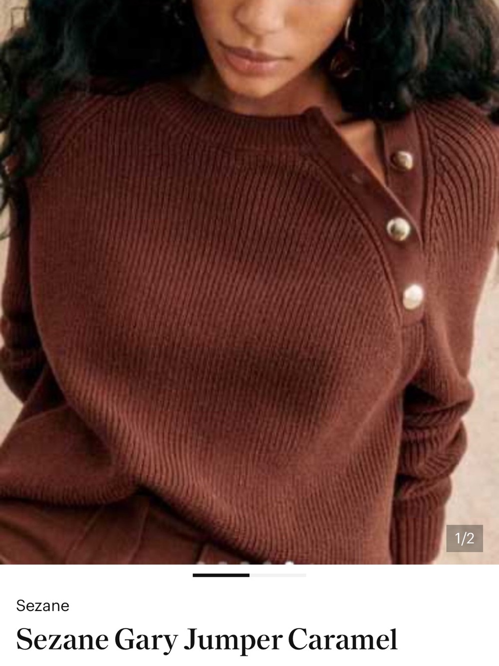 Sezane Gary Ribbed Caramel Crew Sweater with Button Detail